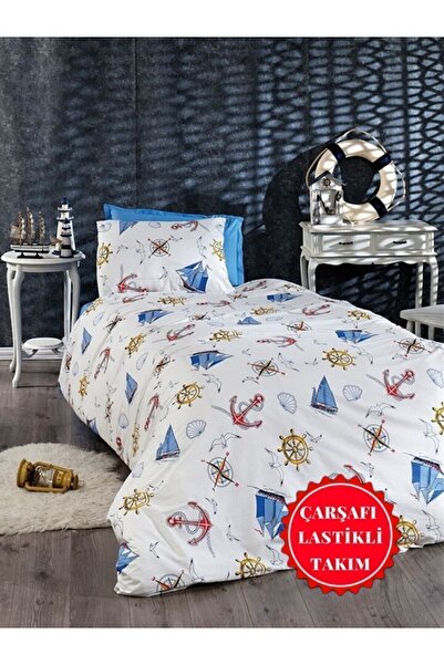 Şahinhome Erkek Genç Çocuk Gemi Ve Denizci Modelli Tek Kişilik Lastikli Çarşa...