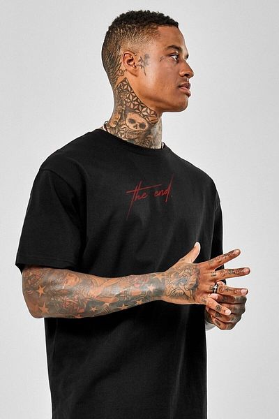Trendseninle Tricou negru cu imprimeu The End oversize pentru bărbați