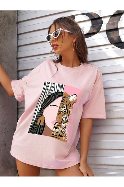 Trendseninle Women's Powder Pink Leopard Printed Oversize T-shirt