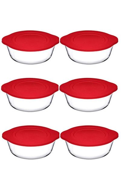 Paşabahçe 59001 Model Round Pyrex Pot - 6 Pieces with Plastic Lid, 2100cc