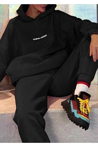 Trendseninle Μαύρη γυναικεία αθλητική φόρμα "I Don't Care" με στάμπα - Hoodie