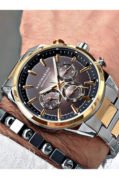 Navimarine Men's Wristwatch and Bracelet Gift - Gold Silver Color, Steel Cord