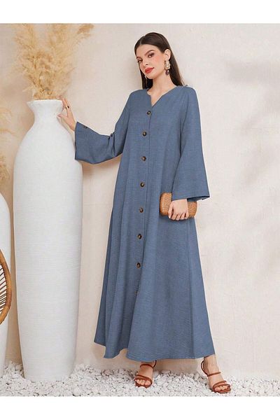 Trendseninle Women's Blue Single-breasted Linen Dress