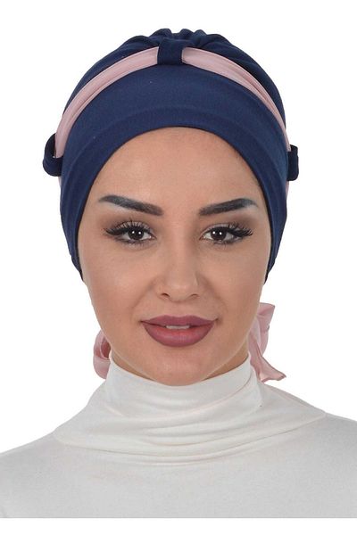 Ayşe Tasarım غطاء رأس من القطن الممشط بحزام من الشيفون باللون الأزرق الداكن - مسحوق B-24