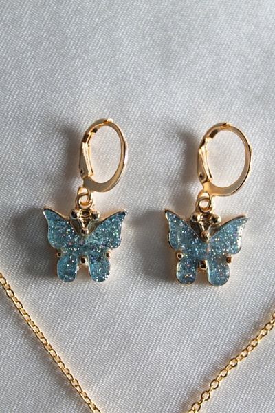 Remini Aksesuar Women's Water Green Sparkling Butterfly Necklace and Earrings