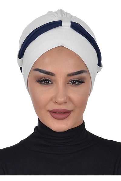 Ayşe Tasarım غطاء رأس من الشيفون الممشط بحزام - كريمي أزرق داكن، B-24