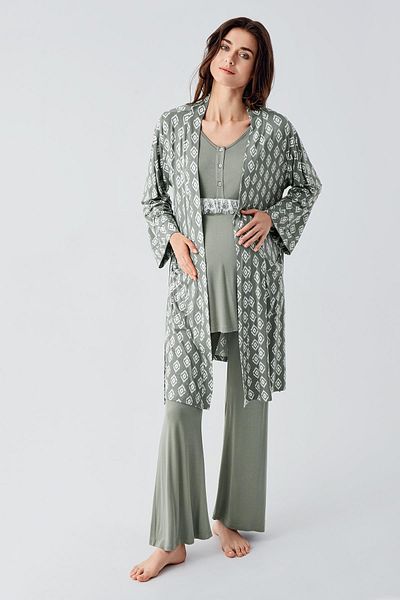 Artış Flexible Viscous Maternity Pajamas Set - Long Sleeve, Lace Pattern, Buttoned Spanish Leg Dressing Gown