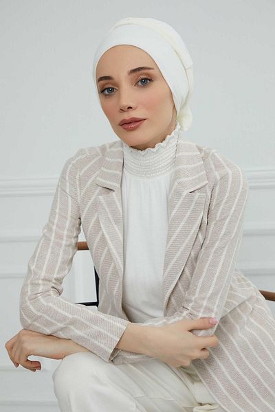 Ayşe Tasarım Belted Chiffon Combed Cotton Bonnet - Cream, B-24