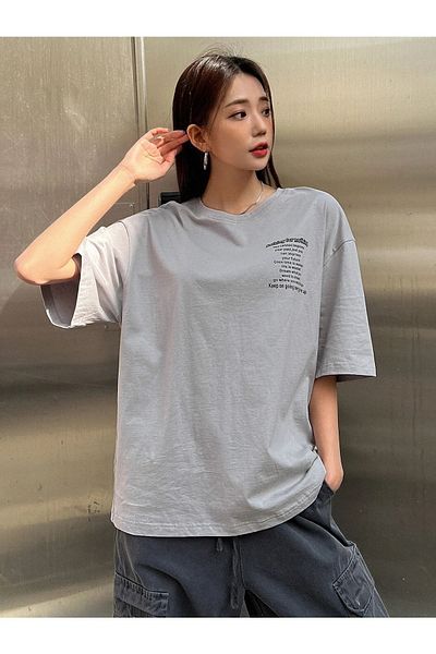 Trendseninle Γυναικείο μπλουζάκι βαμμένο γκρι Nothing For Nothing Printed Oversize μπλουζάκι