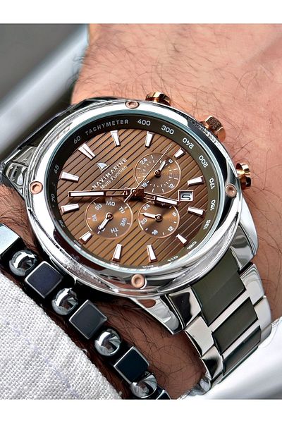 Navimarine Men's Silver Brown Colored Steel Cord Wrist Watch and Bracelet Gift