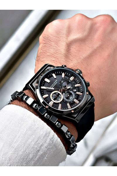Navimarine Men's Wristwatch and Bracelet with Gift - Black Silicone Cord Steel Case