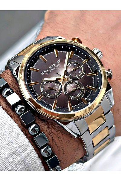 Navimarine Men's Wristwatch and Bracelet Gift - Gold Silver Color, Steel Cord
