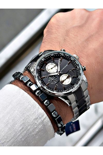 Navimarine Men's Silver Colored Steel Cord Wrist Watch and Bracelet Gift