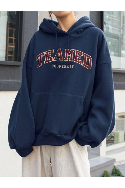 Trendseninle Γυναικείο φούτερ Navy Blue Teamed με στάμπα