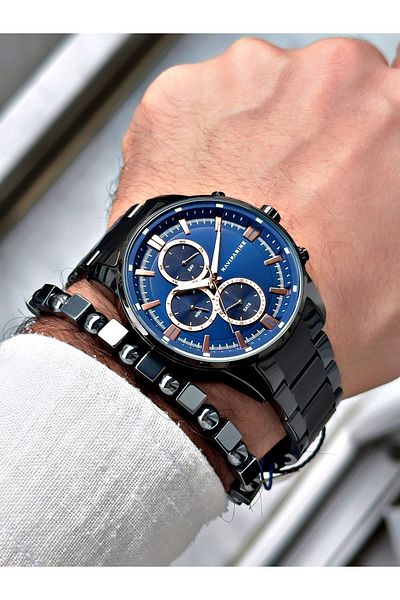 Navimarine Men's Wristwatch and Bracelet with Gift - Black Navy Steel Cord