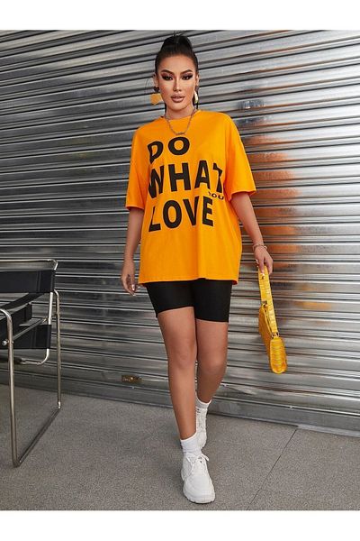 Trendseninle Оранжева дамска тениска Do What Printed Oversize