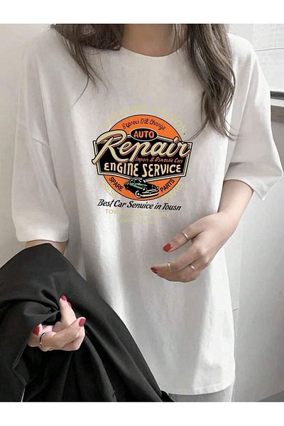 Trendseninle Γυναικείο μπλουζάκι White Repair Printed Oversize