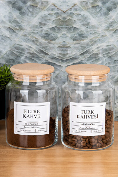 MODA OZY 800ml Filter Coffee and Turkish Coffee - Pack of 2, with Wooden Lid, Vacuum Storage Container (Label Included)