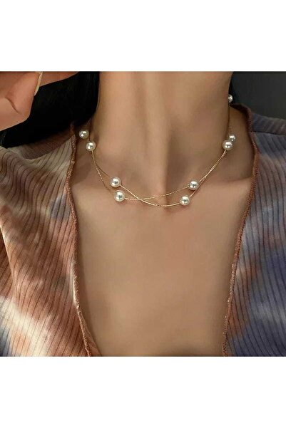 İPAR AKSESUAR Gold Zincir Krem Incili Modern Kolye