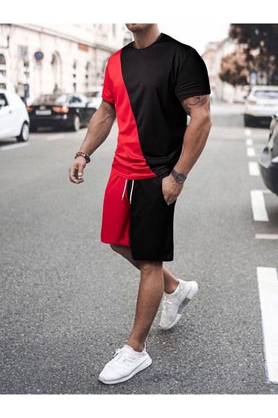 Trendseninle Men's Black Red Horizontal Pattern Oversize Shorts Suit