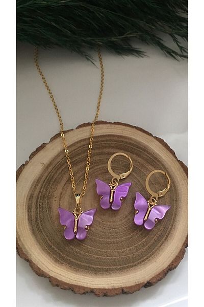 Gizemli Aksesuar Children Lilac Butterfly Necklace Earring Set