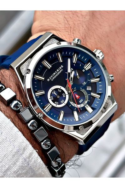 Navimarine Men's Wristwatch and Bracelet with Gift - Blue Silicone Cord Steel Case