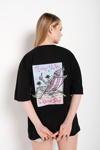 Trendseninle Дамска черна тениска с надпис Today was printed Oversize