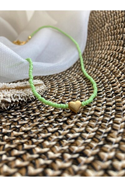 Kosovalı Fıstık Yeşil Kum Boncuk Kalp Kolye