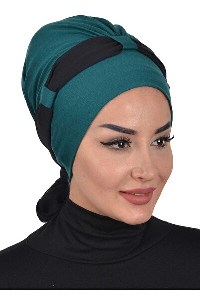 Ayşe Tasarım Chiffon Belted Combed Cotton Bonnet, Green - Black, B-24, Dark Green - Black