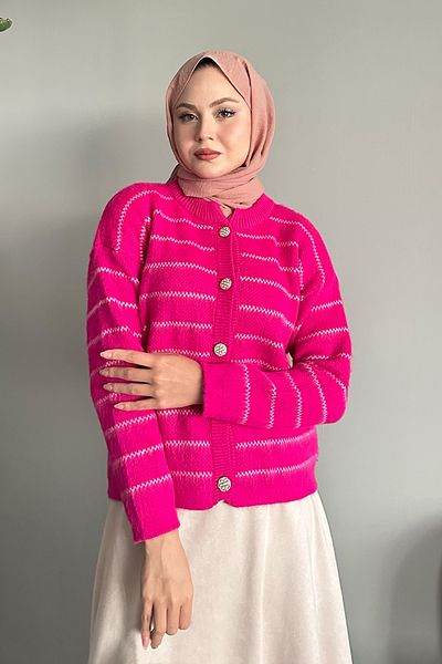 InStyle Fuchsia Knitwear Cardigan - Thin Stripe Detailed