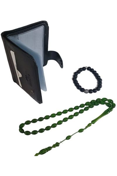 RD EKOAVM Leather Card Holder Wallet, Barley Cut Rosary and Natural Stone Bracelet Set of 3