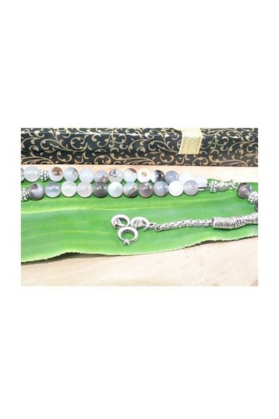 RD EKOAVM Single Tassel Three Crescent Tip Globe Cut 8mm Rosary with Veins Smoke Agate Stone Rosary Rdt2179