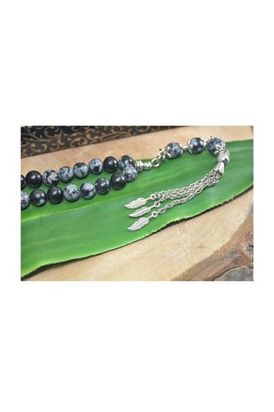 RD EKOAVM Three Tassel Leaf Tip Globe Cut 8 Mm Rosary Gray Obsidian Rosary Rdt2303