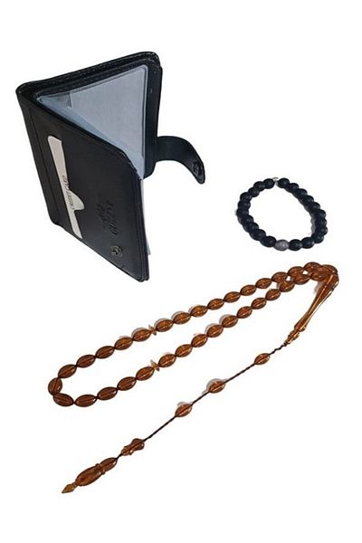 RD EKOAVM Leather Card Holder Wallet, Barley Cut Rosary and Natural Stone Bracelet Set of 3