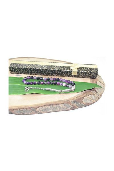 RD EKOAVM Single Tassel Three Crescent Tip Globe Cut 8 mm Rosary with Veins Purple Agate Rosary Rdt2077
