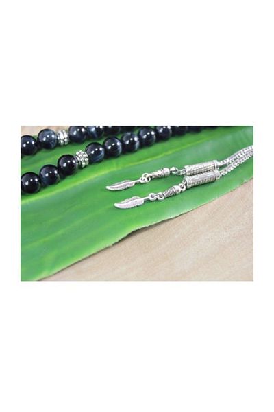 RD EKOAVM Double Tassel Leaf Tip Globe Cut 8mm Rosary Black Tiger Eye Rosary Rdt2208