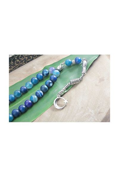 RD EKOAVM Single Tassel Moon Star Tip Globe Cut 8 mm Rosary with Veins Blue Agate Rosary Rdt2153