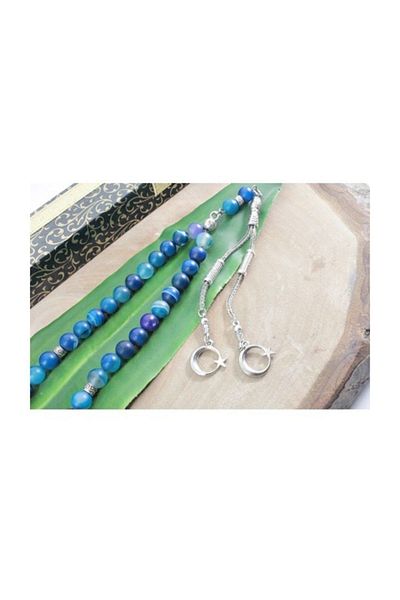 RD EKOAVM Double Tassel Moon Star Tip Globe Cut 8 Mm Rosary with Veins Blue Agate Rosary