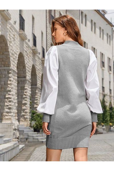 citystyle Γκρι πλεκτό φόρεμα - Πλεκτό Σελάντικ, Πλεκτό λαιμό, Μοτίβο μαλλιών