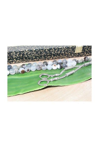 RD EKOAVM Double Tassel Moon Star Ended Globe Cut 8mm Rosary with Veins Smoke Agate Stone Rosary Rdt2189