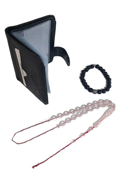 RD EKOAVM Leather Card Holder Wallet, Barley Cut Rosary and Natural Stone Bracelet Set of 3