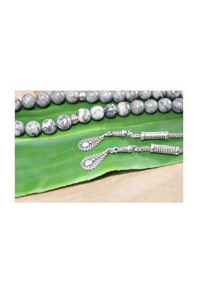 RD EKOAVM Double Tassel Drop Tip Globe Cut 8 Mm Rosary Gray Agate Rosary with Veins Rdt2098