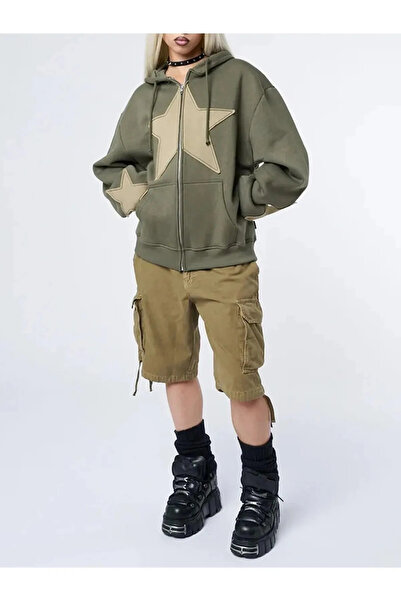 weywot Khaki Raster Sleeve Detail Star Cardigan 3 Thread Thick Raster Unisex Cardigan