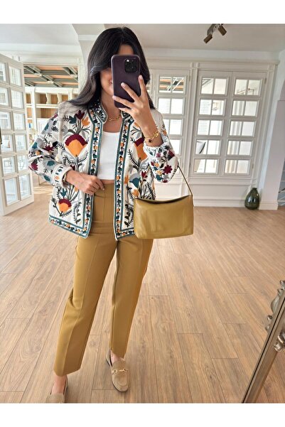 MELEK KOSTAK Kadın Bej Premium Etnik Desen Renkli Çiçek Nakış Işlemeli Keten ...