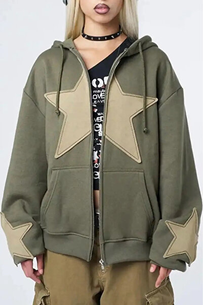 weywot Khaki Raster Sleeve Detail Star Cardigan 3 Thread Thick Raster Unisex Cardigan