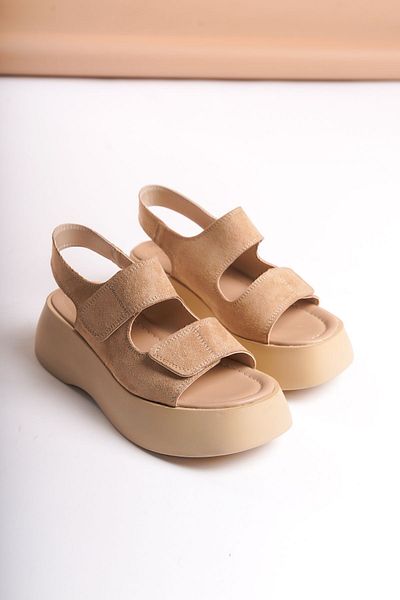SEEM & BE Gia Velcro Platformă Tocuri piele intoarsa Nude Sandale dama Pantofi de vara