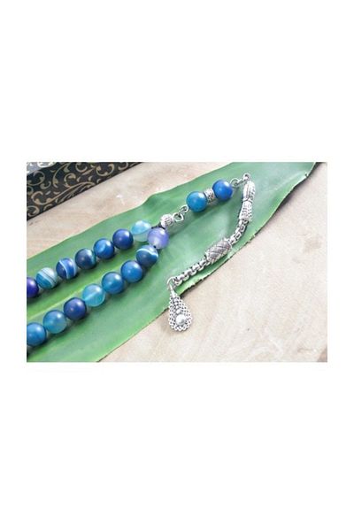 RD EKOAVM 8 mm Blue Rosary - Single Tassel, Drop Tip, Globe Cut and Veined Agate Rosary Rdt2155