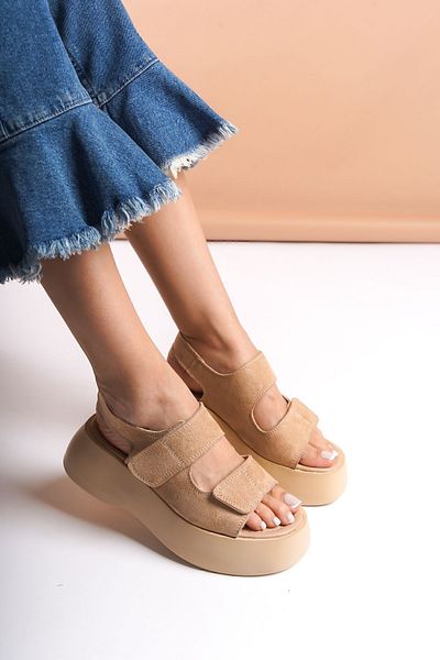 SEEM & BE Gia Velcro Platformă Tocuri piele intoarsa Nude Sandale dama Pantofi de vara
