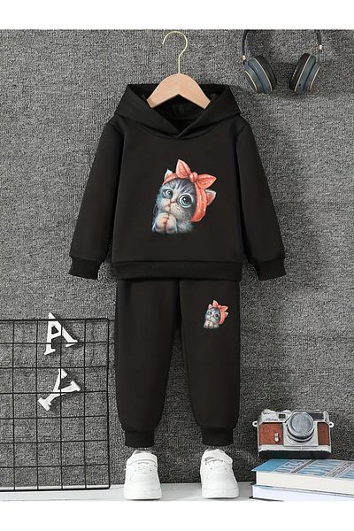 THEKONT Unisex Cute Cat Printed Hooded Cotton Tracksuit Set