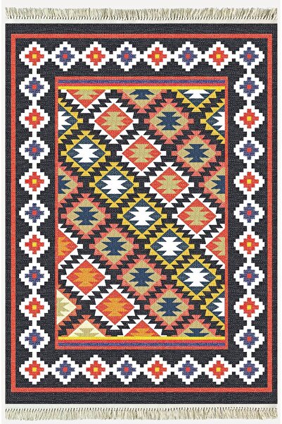 kilim home سجادة قطنية 42 سجادة منسوجة ذات أرضية زرقاء داكنة وديكور حديث قابل...